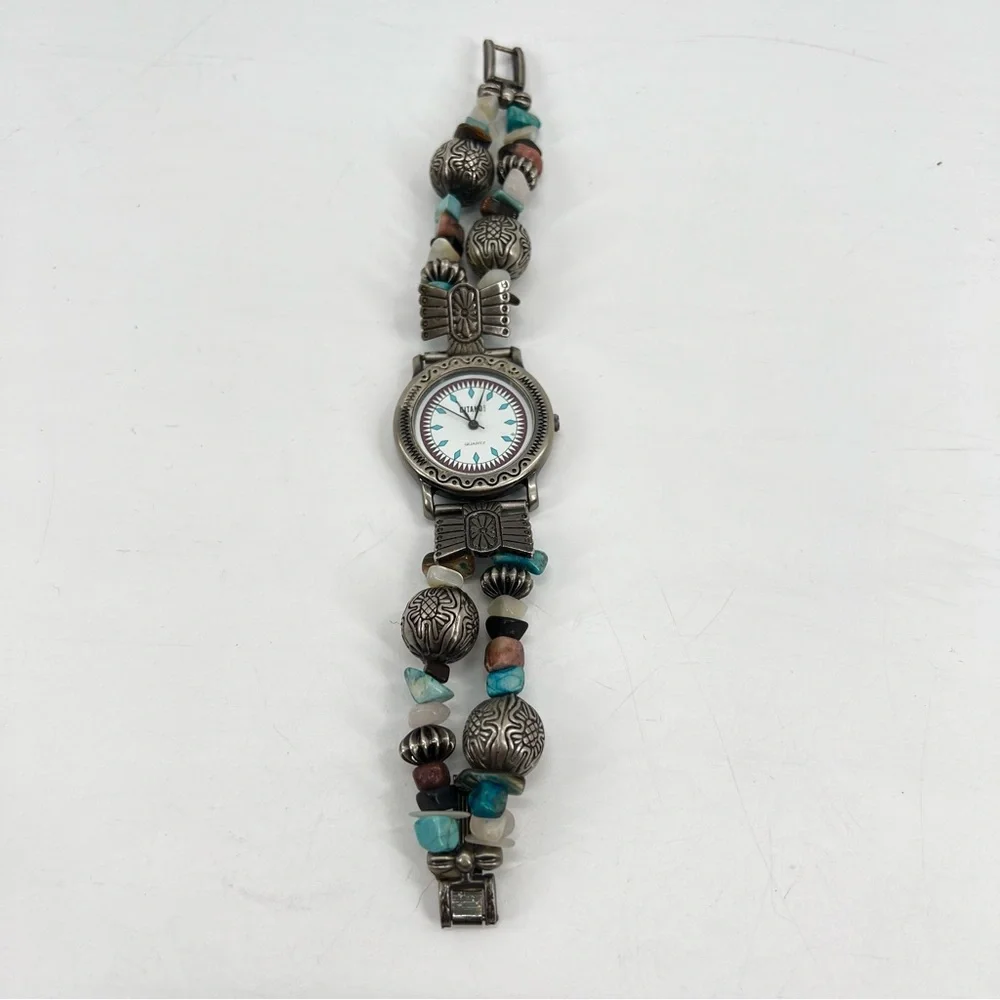 VTG 90s Gitano Vintage Southwest Boho Stainless Bracelet Watch Silver Turquoise